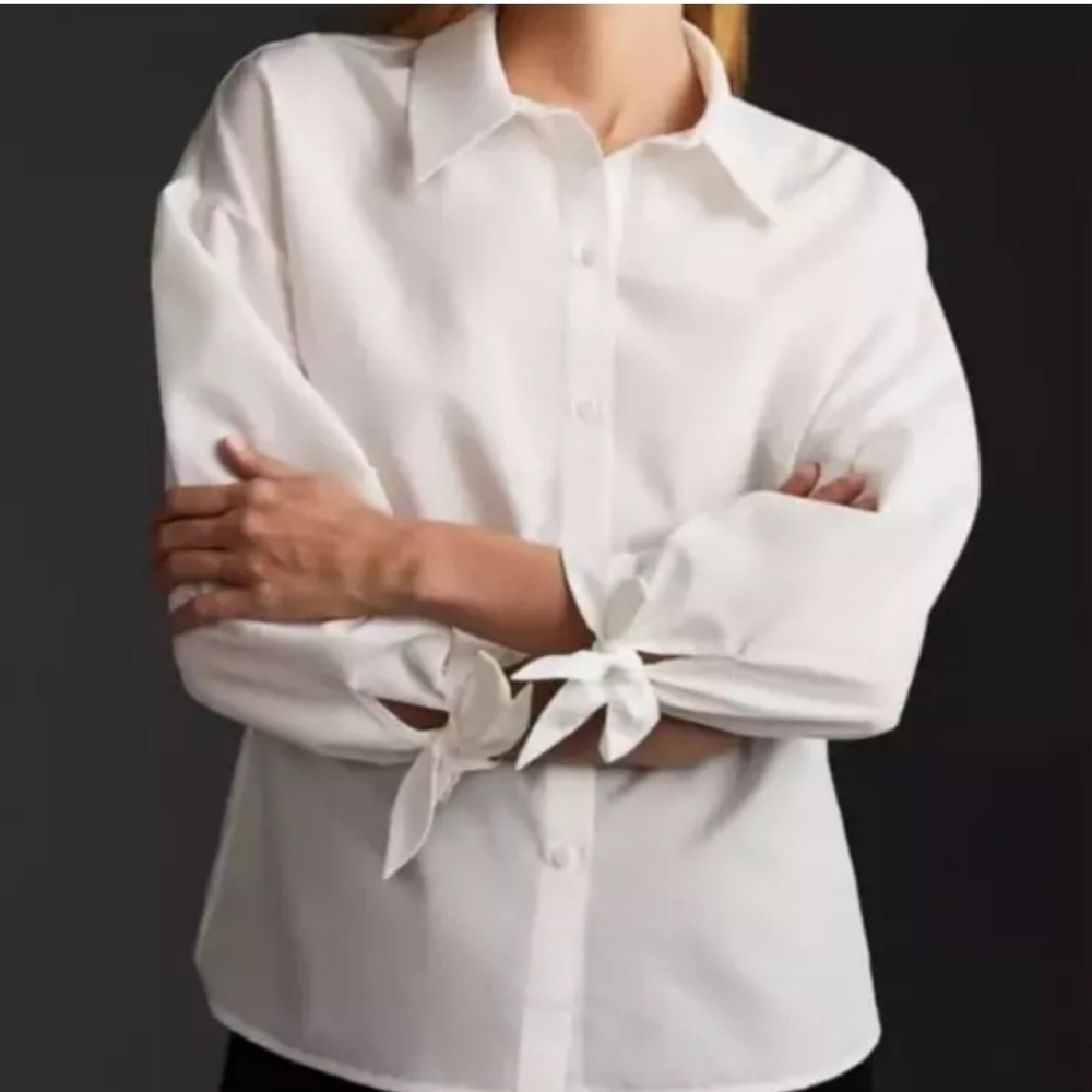 Anthropologie X Mare Mare Sz S Tie Sleeve Button Blouse White Cotton Blend